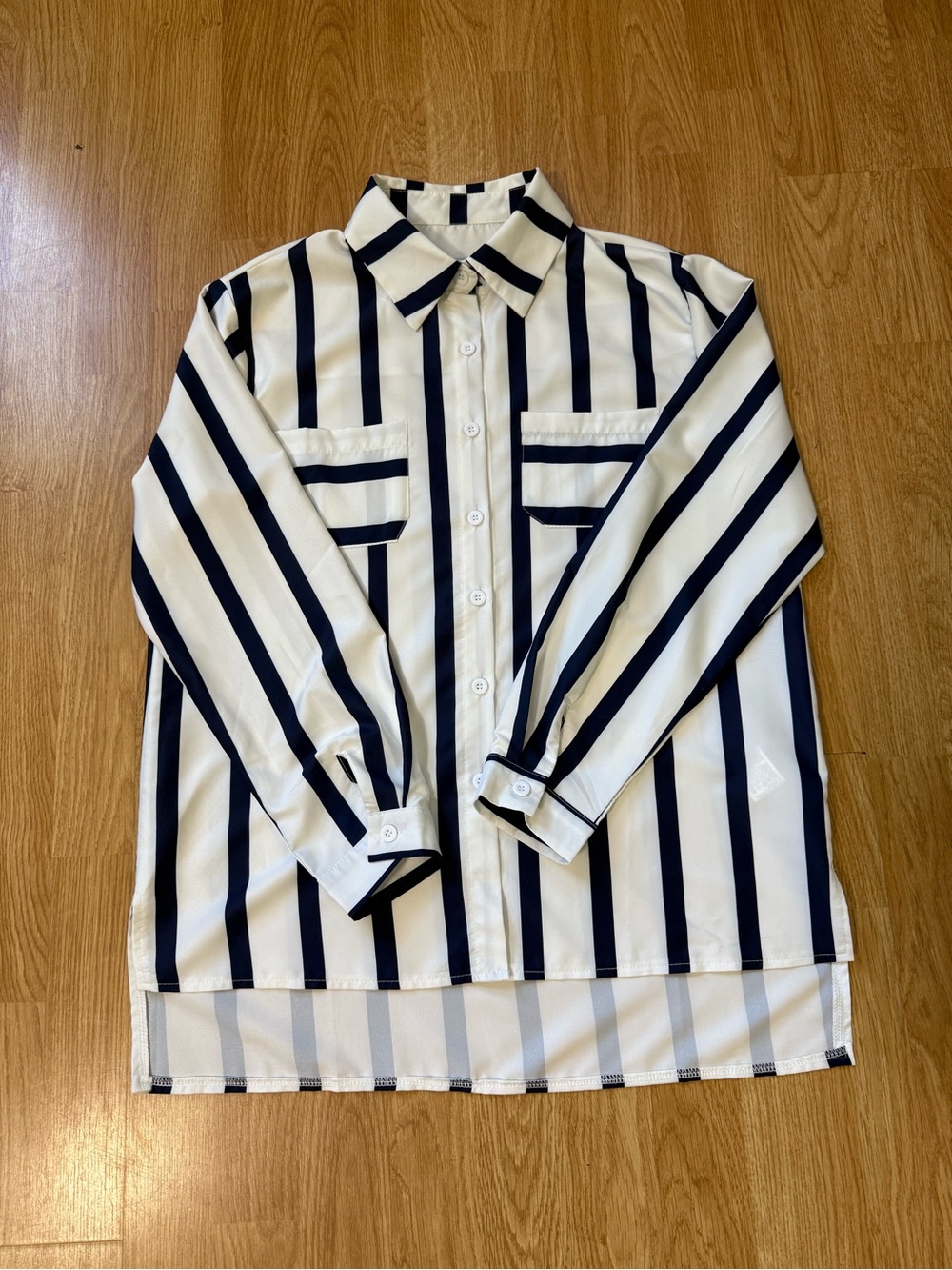 Women's Navy Blue & White Vertical Stripe Button-Up Shirt - Size S